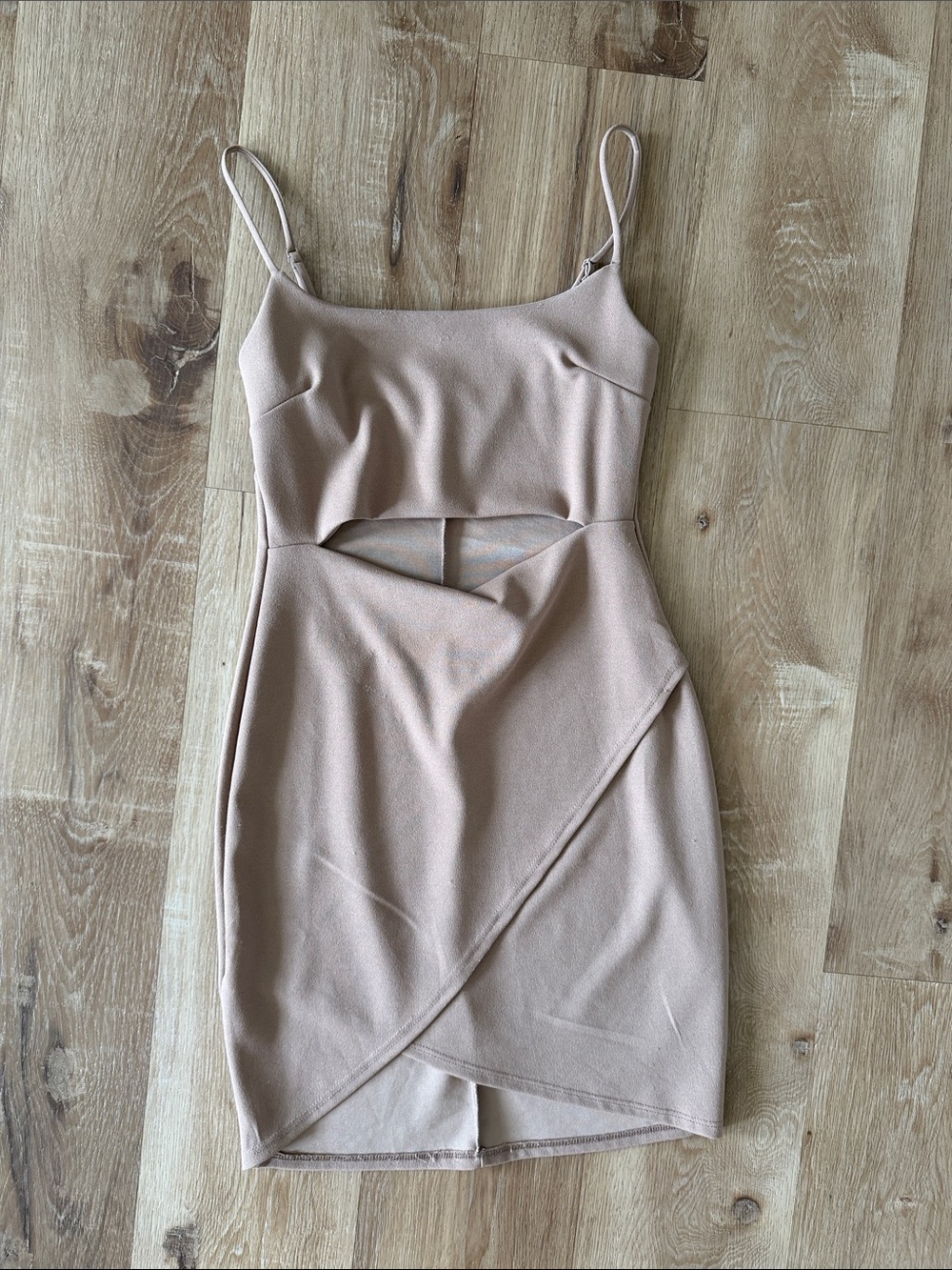 Lulu's Nude/Taupe Spaghetti Strap Cutout Wrap Mini Dress